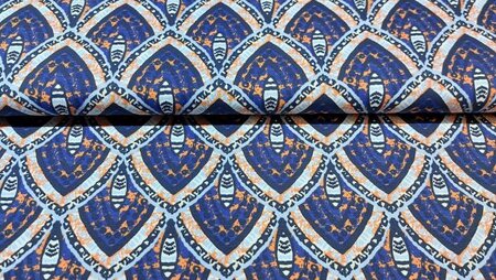 Blauwe Joggingstof (French Terry) met abstracte driehoeken kopen