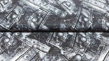 Goedkope Zwarte viscose jersey modestof met prints van jeans zakken bestellen