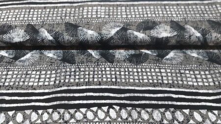 Kopen Zwarte Witte Viscose Jersey Modestof met Strepen, Bladeren en Figuren