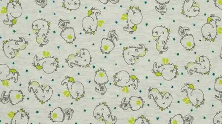 Ecru tricot stof met dinosaurussen kopen 