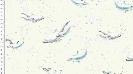 Ecru tricot stof met dolfijnen kopen 