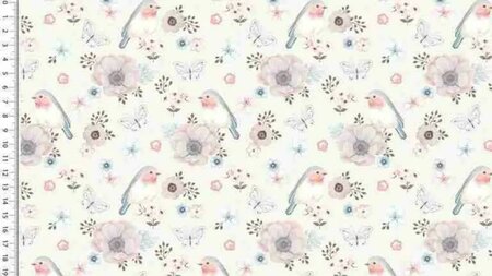 Ecru tricot stof met bloemen en roodborstje kopen 