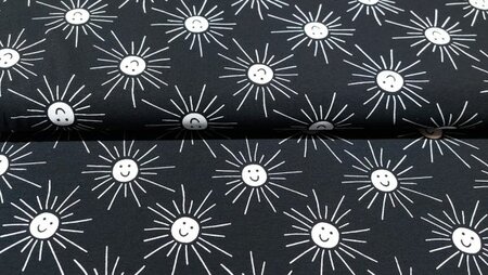 Zwarte katoen tricot met witte zonnetjes kopen