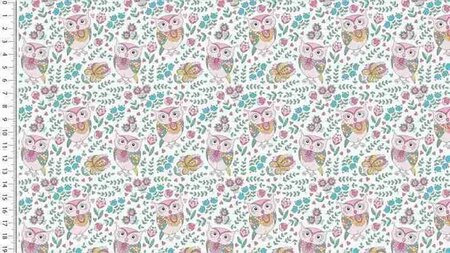 Off white / gebroken witte katoen stof met uilen motief kopen 
