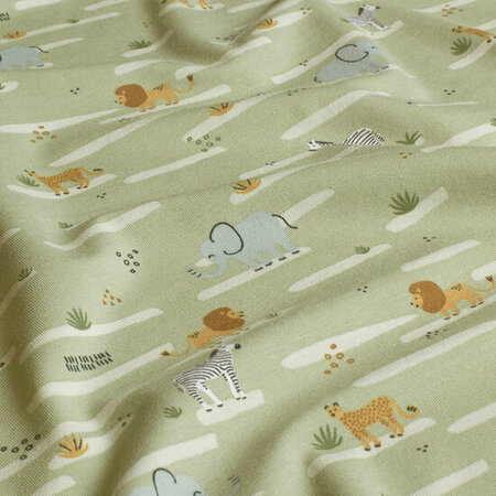  Tricot Stof Kinderen &ndash; Afrikaanse Dieren in Olijfgroen kopen