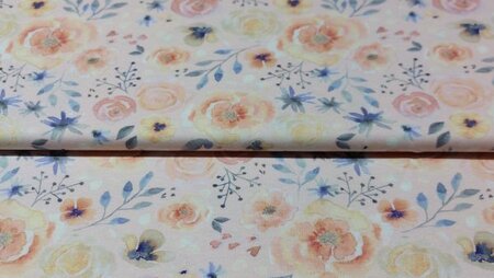 lichtroze katoen tricot stof met bloemenmotief