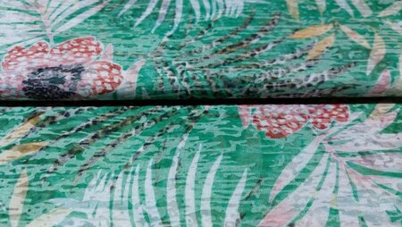 Couponstof - Groene chiffonachtige stof met bloemen en bladeren chiffon-stof-veelkleurig-bloemen