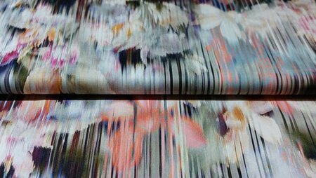 katoen satijn bloemprint ecru groen roze