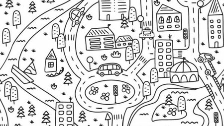 Katoenen poplin stof wit met stad en auto print