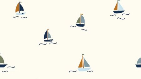 Ecru poplin katoen met zeilbootprint &ndash; detailweergave