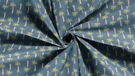 staalblauwe poplin katoen met palmbomenprint
