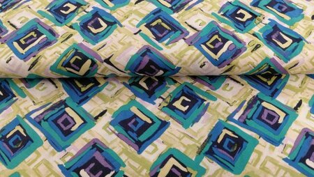 Geweven viscose ruiten blauw wit groen stofdetail