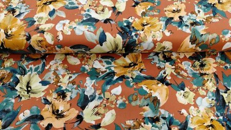 Cotton SP Sateen bloemenprint brique&ndash;stretch katoen 145 cm