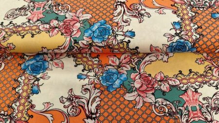 Viscose chally bloemenprint oranje groen blauw ecru