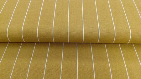 Viscose linnen stof okergeel met witte strepen