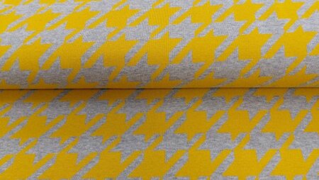 Jacquard pied de poule stof lichtgrijs okergeel close-up