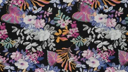 Roma Winter Flowers Punta di Roma stof zwart roze bloemen