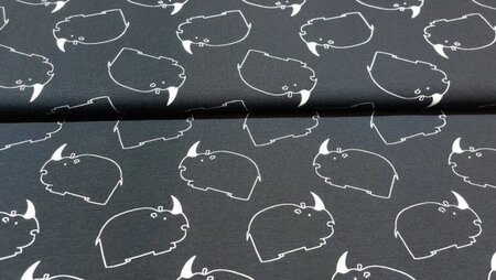 Zwarte stretch katoen tricot met witte, abstracte neushoorns kopen