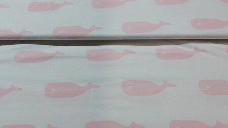 Witte katoen tricot met roze walvissen bestellen