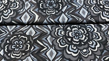 Zwart grijze viscose jersey met geometrische bloemen kopen