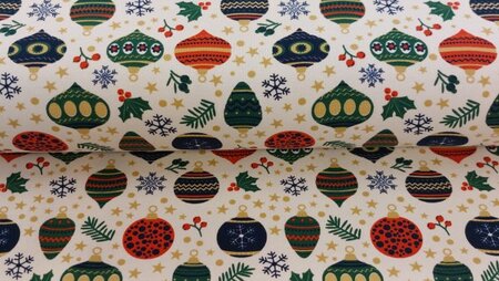Ecru French Terry stof met kerstballen print