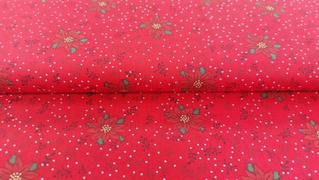 Rode katoenen kerststof met witte edelweiss en groene hulstprint