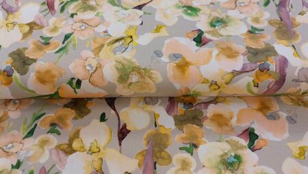 rekbare katoen stretch Lily Flower Beta bloemenprint beige voor jurk