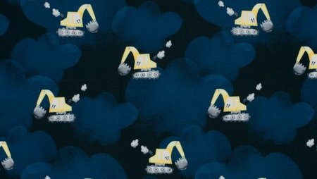 Softshell stof met graafmachines marineblauw