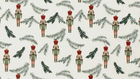 Ecru kerststof met notenkraker print &ndash; katoenen poplin