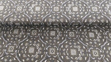 Jacquard stof met inca motief in donkerbruin, donkergroen en grijs