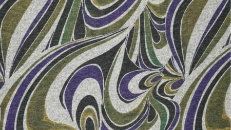 Blauwe hacci jersey stof met swirl flower print close-up;