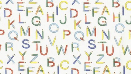 Witte katoenen poplin stof met kleurrijke letters