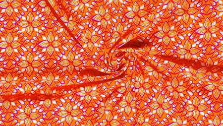 Oranje fuchsia tricot bloemenprint