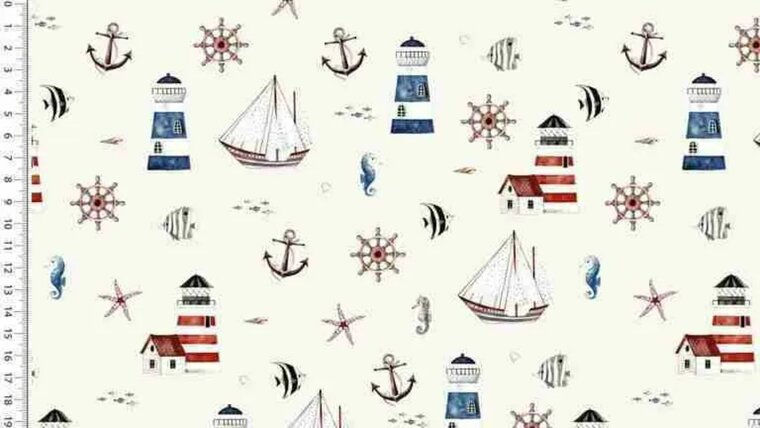 Ecru tricot stof met marine thema kopen 