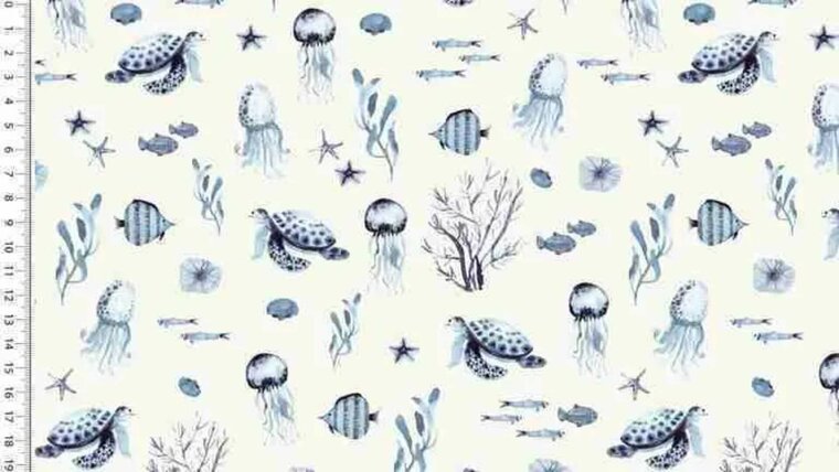 Ecru tricot stof met sealife in blauw kopen 