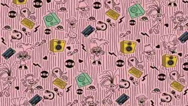 Roze tricot stof met Trolls en muziek kopen 