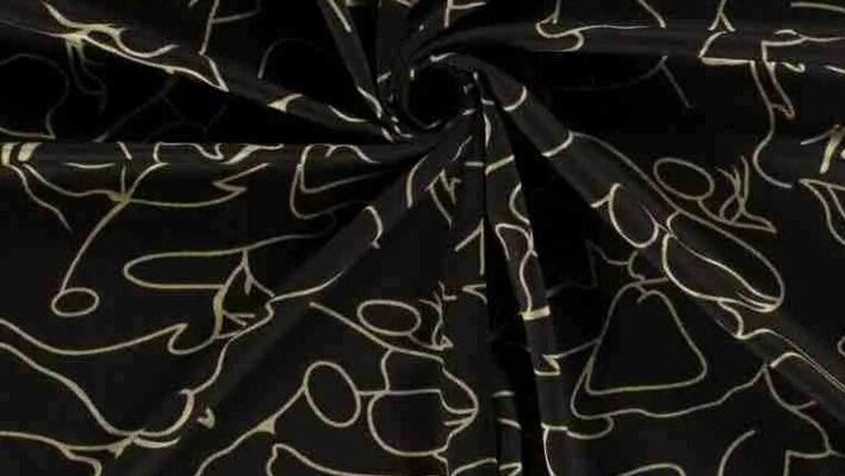 Prachtige zwarte poly viscose jersey van dikkere kwaliteit met abstracte figuren in camel bruin kopen 