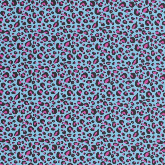 Blauw roze stretch stof met leopard design