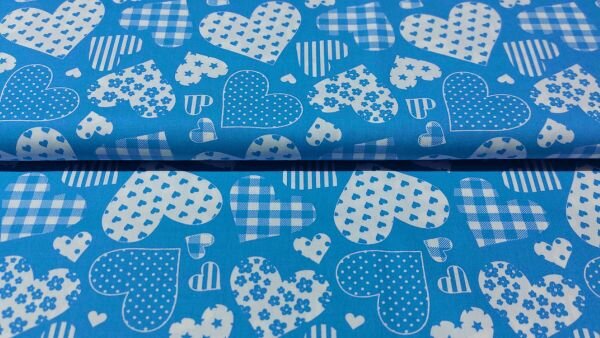 Aqua blauwe katoenen stof met witte hartjes kopen