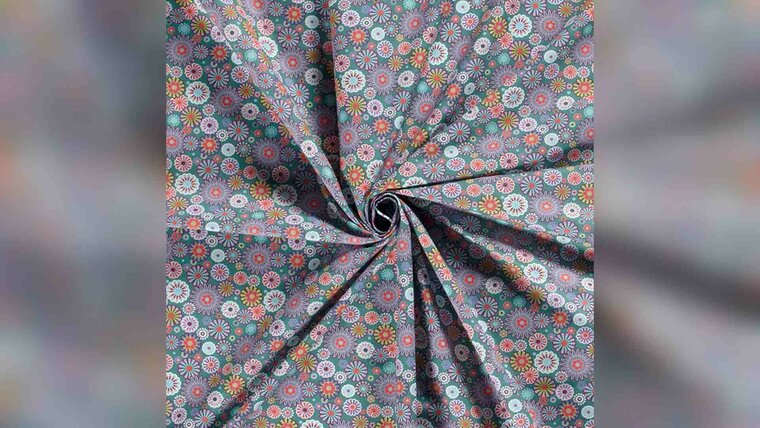 Petrol katoen met bloemen - poplin kopen 