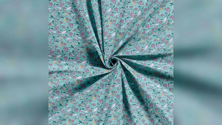 Petrol katoen poplin stof met millefleurs bloemen kopen bij Stoffenwinkel Online