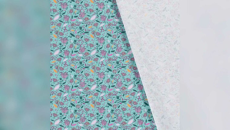 Bestel Petrol katoen poplin stof met millefleurs bloemen eenvoudig online