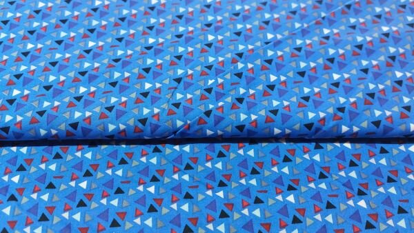 Blauwe poplin katoen stof met driehoekjes kopen