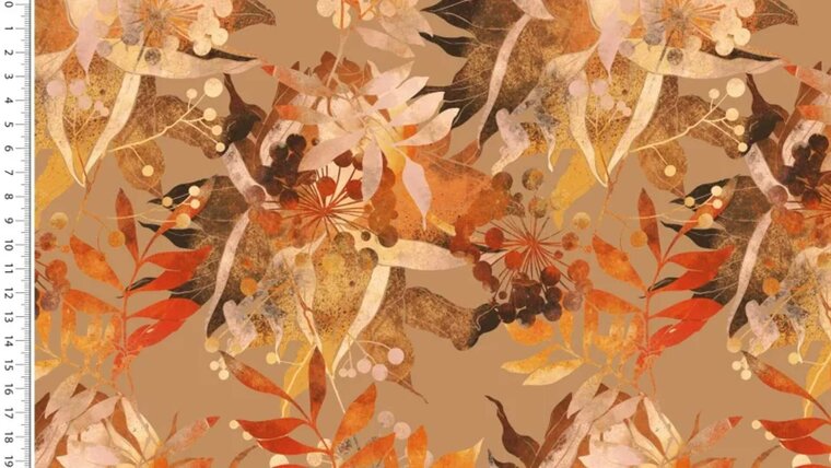 Camel bruine viscose tricot stof met herfst thema kopen 