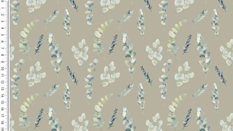 Oud groene viscose tricot stof met geschilderde eucalyptus kopen 