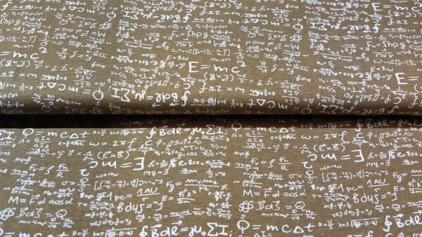 Bestel Donker Oker Viscose Tricot Stof met Formules zoals E=MC&sup2;