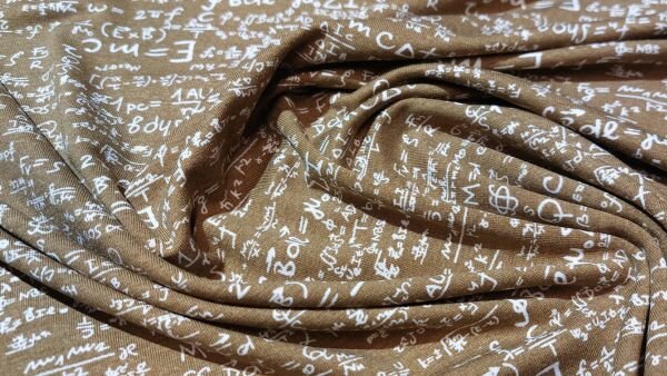 Donker Oker Viscose Tricot Stof met Formules zoals E=MC&sup2; kopen