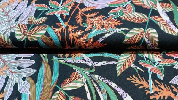 Zwarte viscose tricot met kleurrijke summer twigs afbeeldingen kopen
