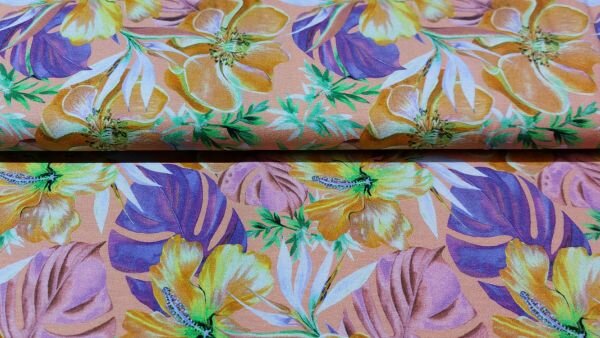Rijkgekleurde viscose tricot met bloemen in de kleuren oranje, paars, geel, lilla, roze kopen