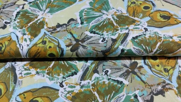 Groen / bruine viscose tricot met vlinders kopen